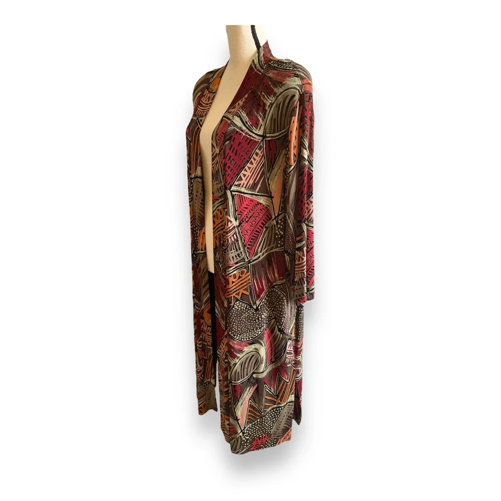 Vikki Vi Womens 2X Duster Cardigan Abstract Geometric Open Front Longline USA